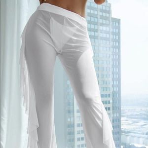 White Mesh coverup pants with ruffles on side